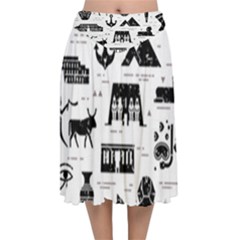 Dark-seamless-pattern-symbols-landmarks-signs-egypt --- Velvet Flared Midi Skirt