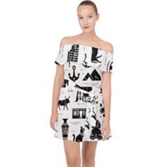 Dark-seamless-pattern-symbols-landmarks-signs-egypt --- Off Shoulder Chiffon Dress