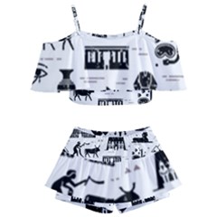 Dark-seamless-pattern-symbols-landmarks-signs-egypt --- Kids  Off Shoulder Skirt Bikini