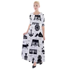 Dark-seamless-pattern-symbols-landmarks-signs-egypt --- Half Sleeves Maxi Dress