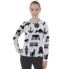 Dark-seamless-pattern-symbols-landmarks-signs-egypt --- Women s Pique Long Sleeve Tee