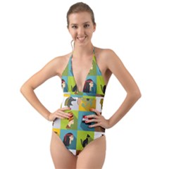 Egypt-travel-items-icons-set-flat-style Halter Cut-out One Piece Swimsuit