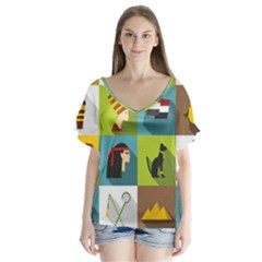 Egypt-travel-items-icons-set-flat-style V-neck Flutter Sleeve Top