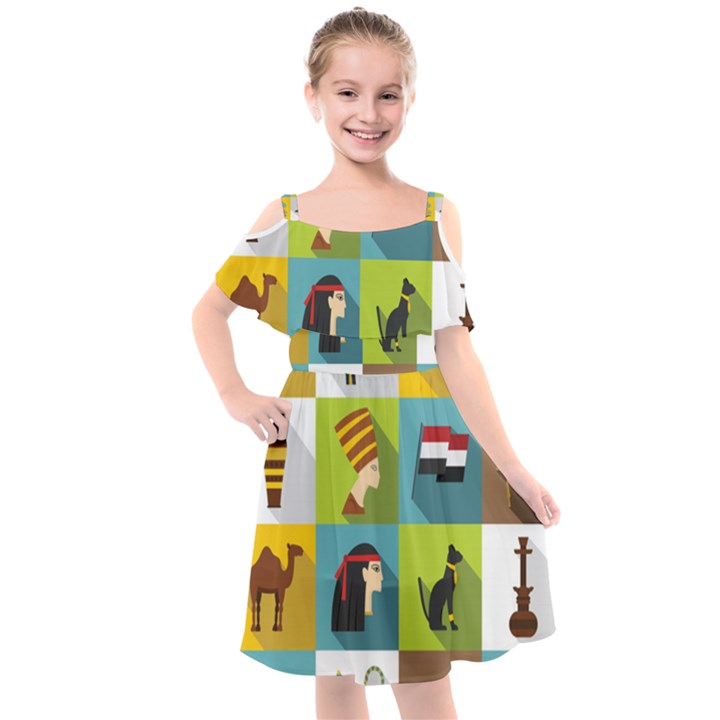 Egypt-travel-items-icons-set-flat-style Kids  Cut Out Shoulders Chiffon Dress