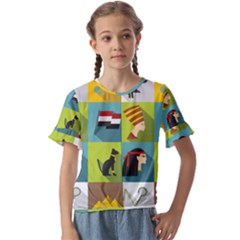 Egypt-travel-items-icons-set-flat-style Kids  Cuff Sleeve Scrunch Bottom Tee