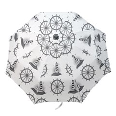 Marine-nautical-seamless-pattern-with-vintage-lighthouse-wheel Folding Umbrellas by Jancukart