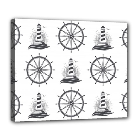 Marine-nautical-seamless-pattern-with-vintage-lighthouse-wheel Deluxe Canvas 24  X 20  (stretched)