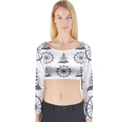 Marine-nautical-seamless-pattern-with-vintage-lighthouse-wheel Long Sleeve Crop Top