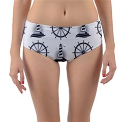 Marine-nautical-seamless-pattern-with-vintage-lighthouse-wheel Reversible Mid-waist Bikini Bottoms