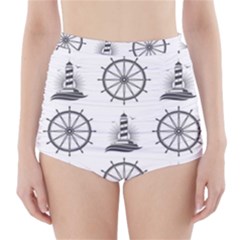 Marine-nautical-seamless-pattern-with-vintage-lighthouse-wheel High-waisted Bikini Bottoms