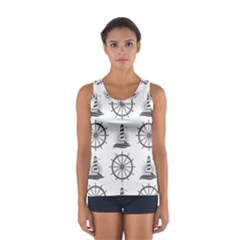 Marine-nautical-seamless-pattern-with-vintage-lighthouse-wheel Sport Tank Top 