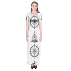 Marine-nautical-seamless-pattern-with-vintage-lighthouse-wheel Short Sleeve Maxi Dress