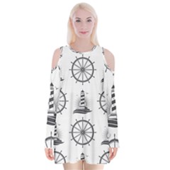 Marine-nautical-seamless-pattern-with-vintage-lighthouse-wheel Velvet Long Sleeve Shoulder Cutout Dress