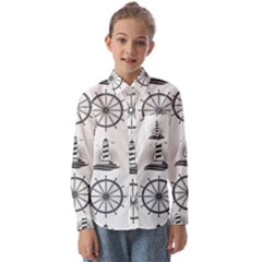 Marine-nautical-seamless-pattern-with-vintage-lighthouse-wheel Kids  Long Sleeve Shirt by Jancukart