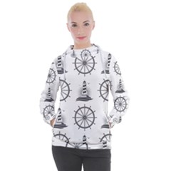 Marine-nautical-seamless-pattern-with-vintage-lighthouse-wheel Women s Hooded Pullover