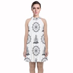 Marine-nautical-seamless-pattern-with-vintage-lighthouse-wheel Velvet Halter Neckline Dress 