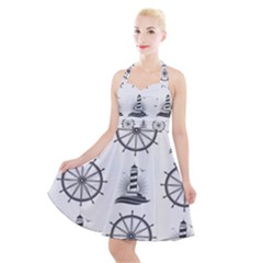 Marine-nautical-seamless-pattern-with-vintage-lighthouse-wheel Halter Party Swing Dress  by Jancukart