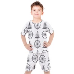 Marine-nautical-seamless-pattern-with-vintage-lighthouse-wheel Kids  Tee And Shorts Set