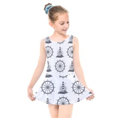 Marine-nautical-seamless-pattern-with-vintage-lighthouse-wheel Kids  Skater Dress Swimsuit