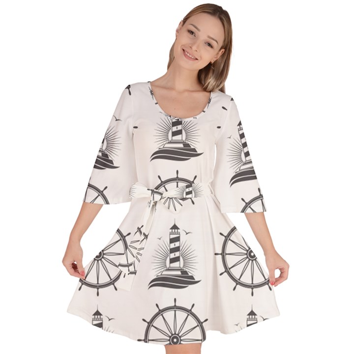 Marine-nautical-seamless-pattern-with-vintage-lighthouse-wheel Velour Kimono Dress