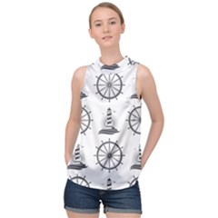 Marine-nautical-seamless-pattern-with-vintage-lighthouse-wheel High Neck Satin Top