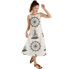 Marine-nautical-seamless-pattern-with-vintage-lighthouse-wheel Summer Maxi Dress