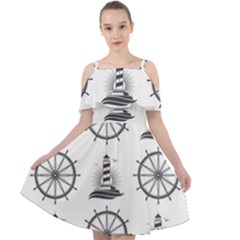 Marine-nautical-seamless-pattern-with-vintage-lighthouse-wheel Cut Out Shoulders Chiffon Dress