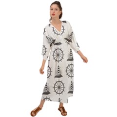 Marine-nautical-seamless-pattern-with-vintage-lighthouse-wheel Grecian Style  Maxi Dress