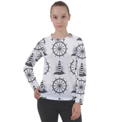 Marine-nautical-seamless-pattern-with-vintage-lighthouse-wheel Women s Long Sleeve Raglan Tee