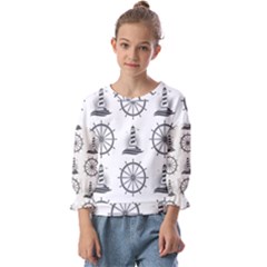 Marine-nautical-seamless-pattern-with-vintage-lighthouse-wheel Kids  Cuff Sleeve Top