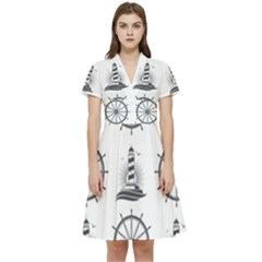 Marine-nautical-seamless-pattern-with-vintage-lighthouse-wheel Short Sleeve Waist Detail Dress