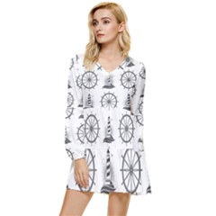 Marine-nautical-seamless-pattern-with-vintage-lighthouse-wheel Tiered Long Sleeve Mini Dress