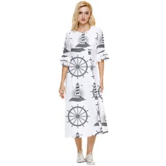 Marine-nautical-seamless-pattern-with-vintage-lighthouse-wheel Double Cuff Midi Dress