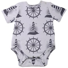 Marine-nautical-seamless-pattern-with-vintage-lighthouse-wheel Baby Short Sleeve Onesie Bodysuit