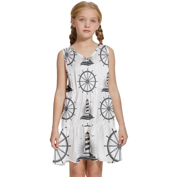 Marine-nautical-seamless-pattern-with-vintage-lighthouse-wheel Kids  Sleeveless Tiered Mini Dress