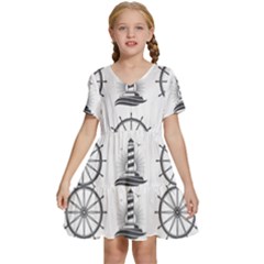 Marine-nautical-seamless-pattern-with-vintage-lighthouse-wheel Kids  Short Sleeve Tiered Mini Dress