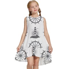 Marine-nautical-seamless-pattern-with-vintage-lighthouse-wheel Kids  Frill Swing Dress