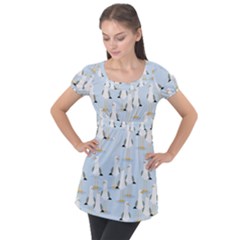 Cute-seagulls-seamless-pattern-light-blue-background Puff Sleeve Tunic Top