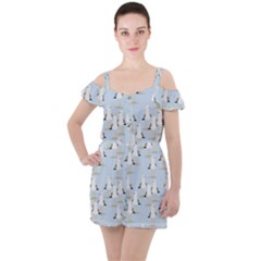 Cute-seagulls-seamless-pattern-light-blue-background Ruffle Cut Out Chiffon Playsuit