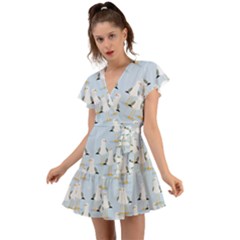 Cute-seagulls-seamless-pattern-light-blue-background Flutter Sleeve Wrap Dress