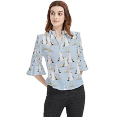 Cute-seagulls-seamless-pattern-light-blue-background Loose Horn Sleeve Chiffon Blouse