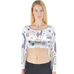 Seamless-pattern-cute-unicorn-cartoon-hand-drawn Long Sleeve Crop Top