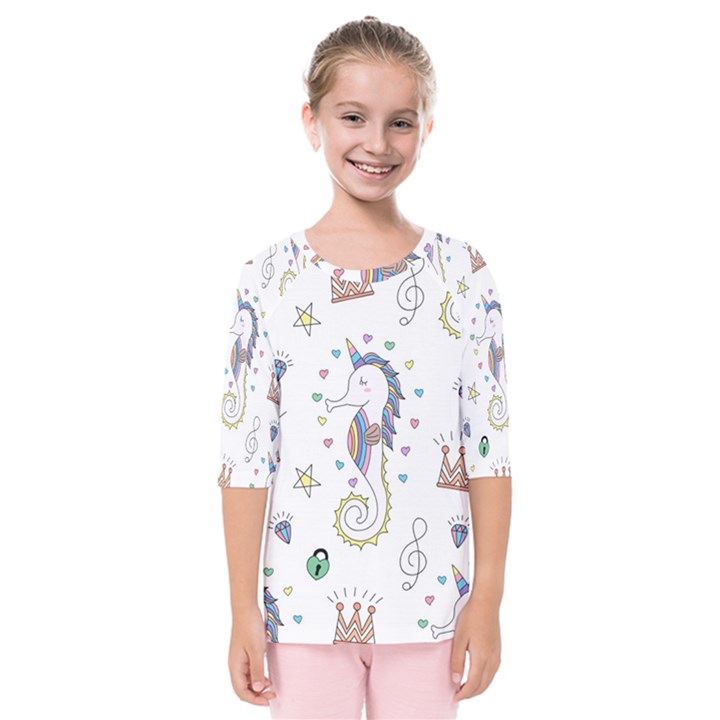 Seamless-pattern-cute-unicorn-cartoon-hand-drawn Kids  Quarter Sleeve Raglan Tee