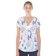 Seamless-pattern-cute-unicorn-cartoon-hand-drawn Short Sleeve Front Detail Top