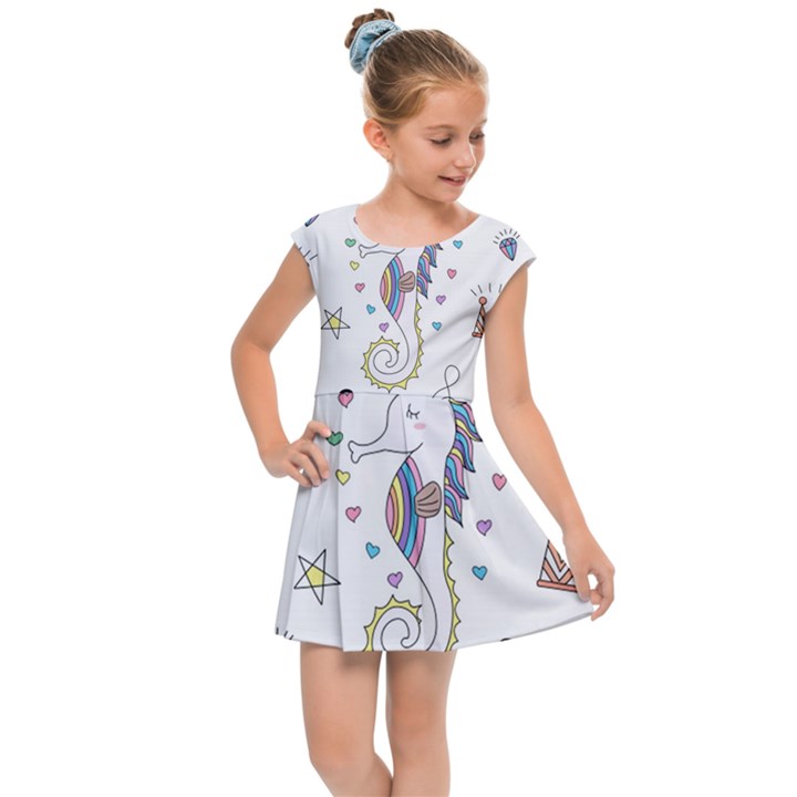 Seamless-pattern-cute-unicorn-cartoon-hand-drawn Kids  Cap Sleeve Dress