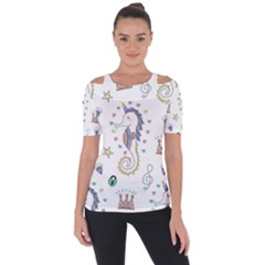 Seamless-pattern-cute-unicorn-cartoon-hand-drawn Shoulder Cut Out Short Sleeve Top