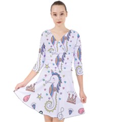 Seamless-pattern-cute-unicorn-cartoon-hand-drawn Quarter Sleeve Front Wrap Dress by Jancukart