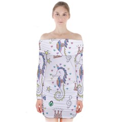 Seamless-pattern-cute-unicorn-cartoon-hand-drawn Long Sleeve Off Shoulder Dress