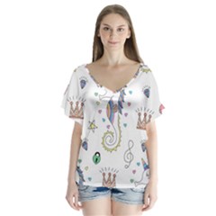 Seamless-pattern-cute-unicorn-cartoon-hand-drawn V-neck Flutter Sleeve Top