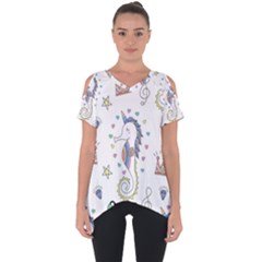 Seamless-pattern-cute-unicorn-cartoon-hand-drawn Cut Out Side Drop Tee